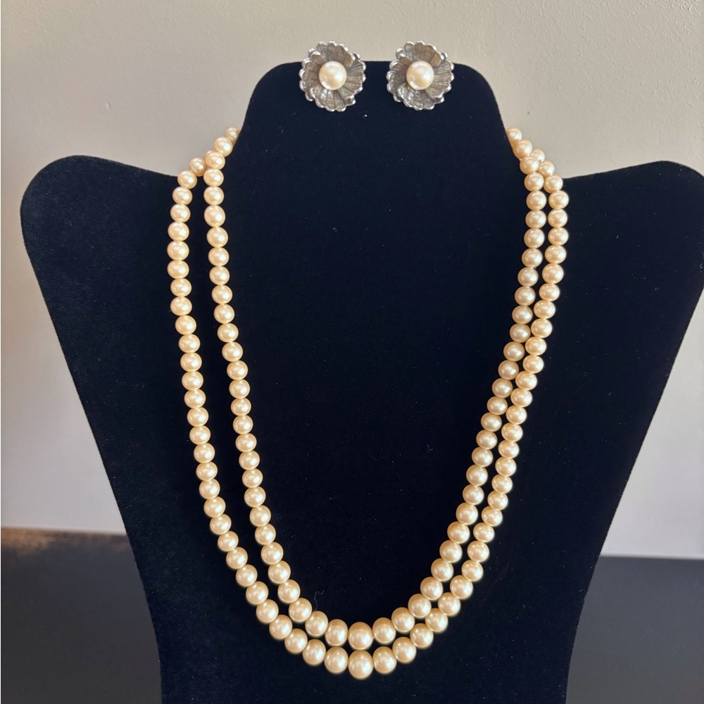 Vintage Double Strand Pearl Necklace and Clip Earring Set